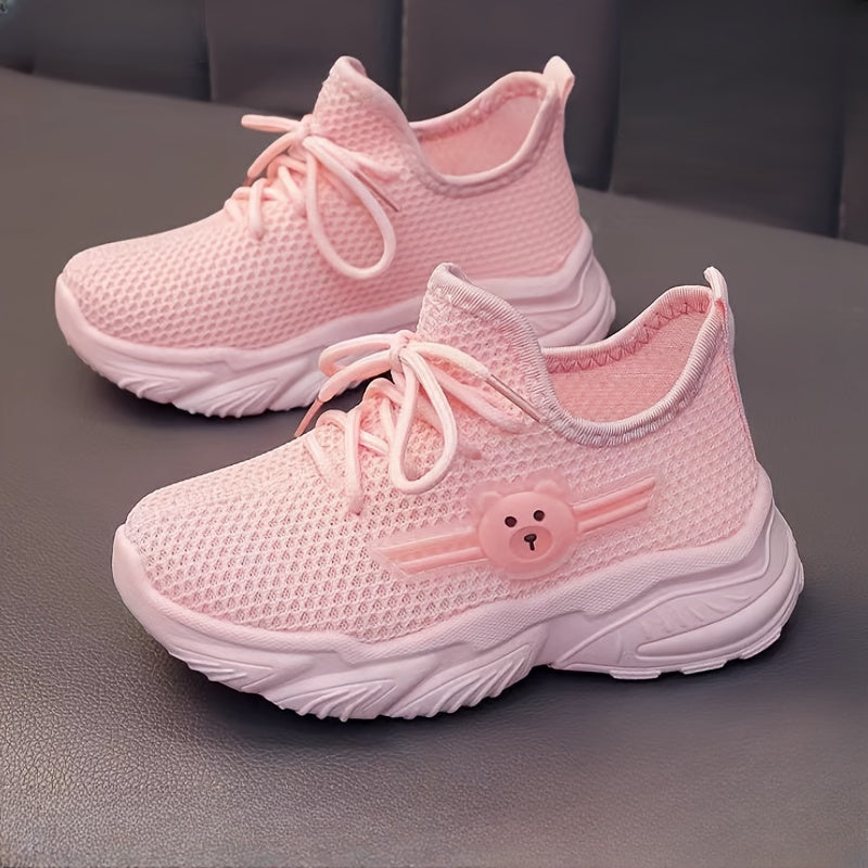 Kids' Pink Knit Sneakers with Cartoon Bear Design Non-Slip Rubber Sole Lace-Up