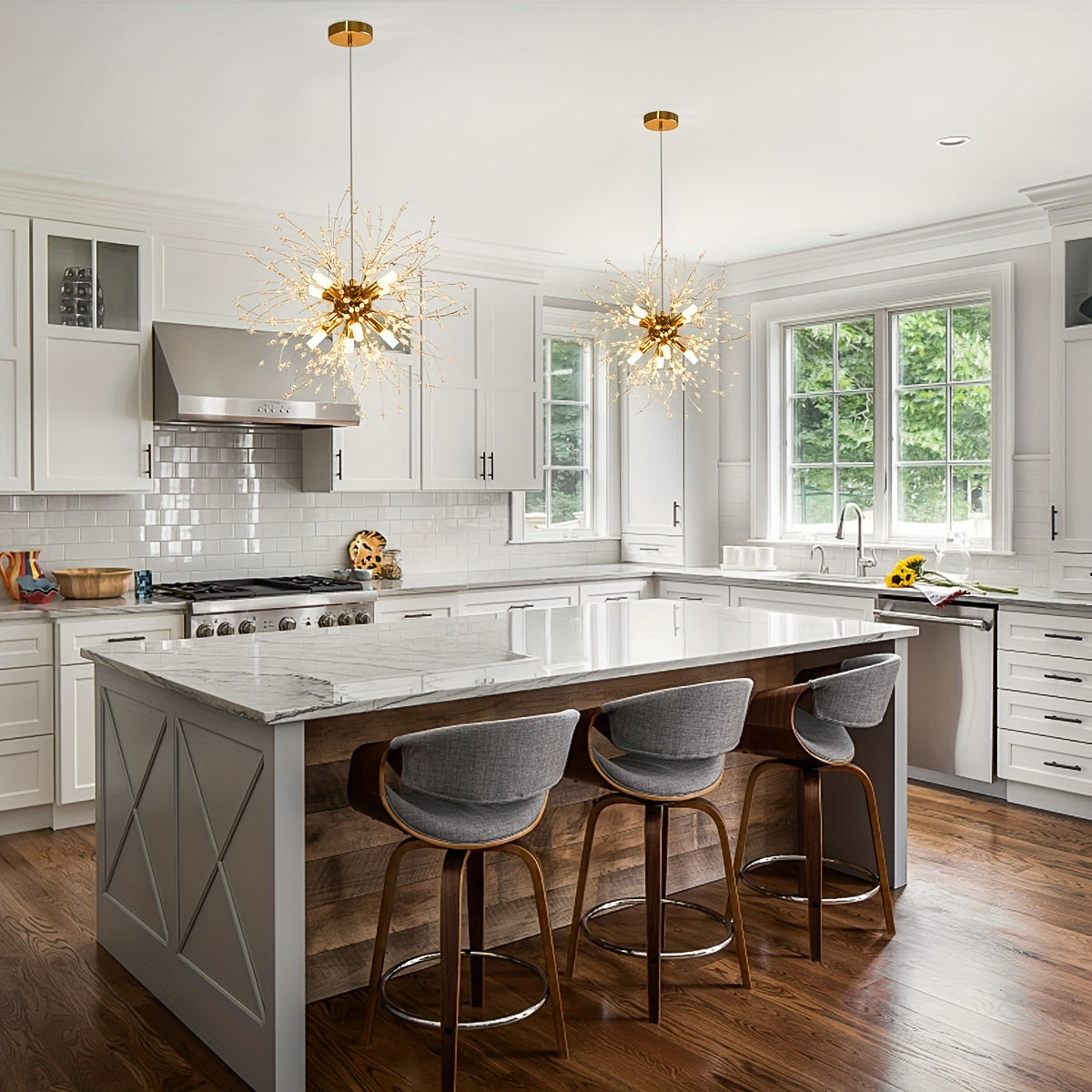 Lámpara de araña moderna de cristal de oro con diente de león y 8 bombillas G9 para sala de estar, comedor y cocina