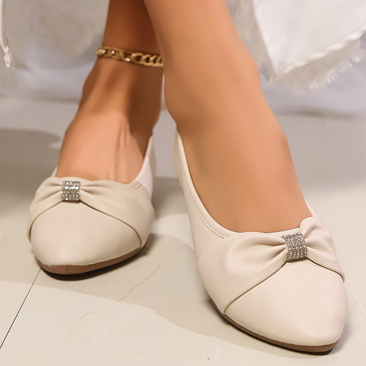 White Ballet Flats for Women with Crystal Embellishment Slip-On Round Toe All-Season