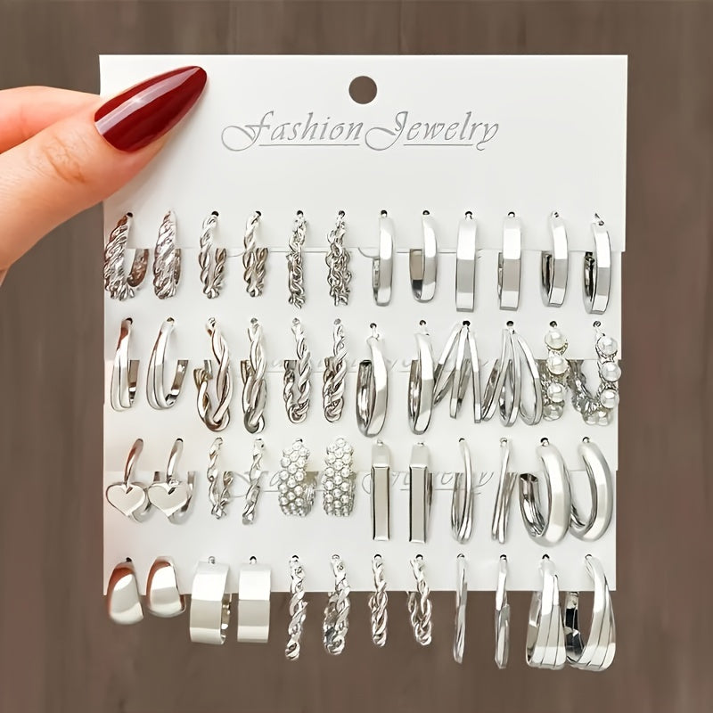 48-Piece Set of Women's Hoop Earrings with Geometric and Heart Designs Faux Pearl Accents Stainless Steel Posts