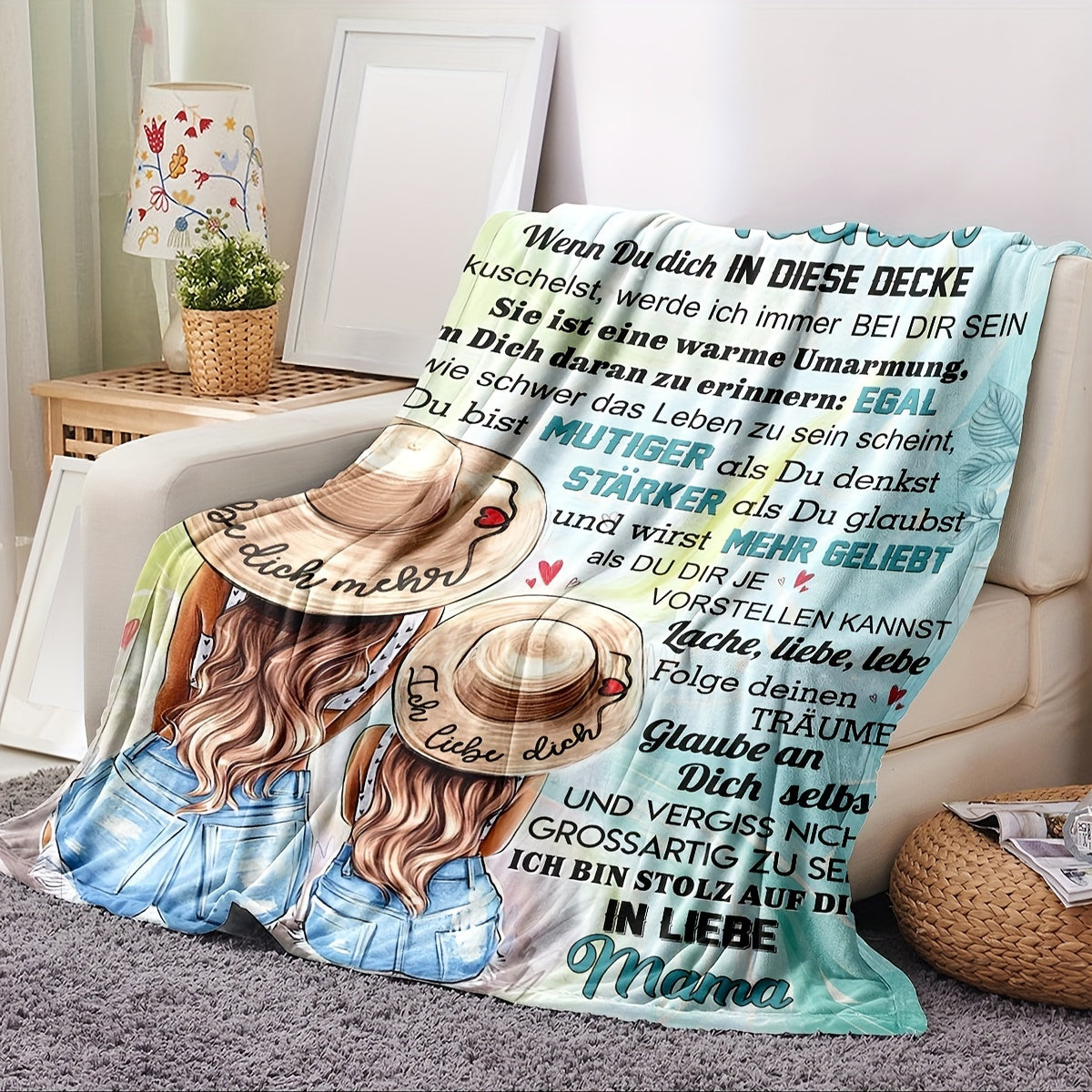 German Letter Blanket - 1PC Mother-Daughter Love Flannel Blanket, Featuring Digital Print, Cozy Warm Fleece Hug Throw Blanket, Sentimental Gift for Home Decor