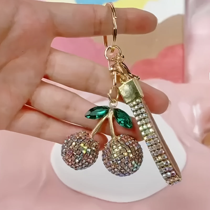 Pink Rhinestone Cherry Keychain for Women and Girls, Cute Bag Charm
