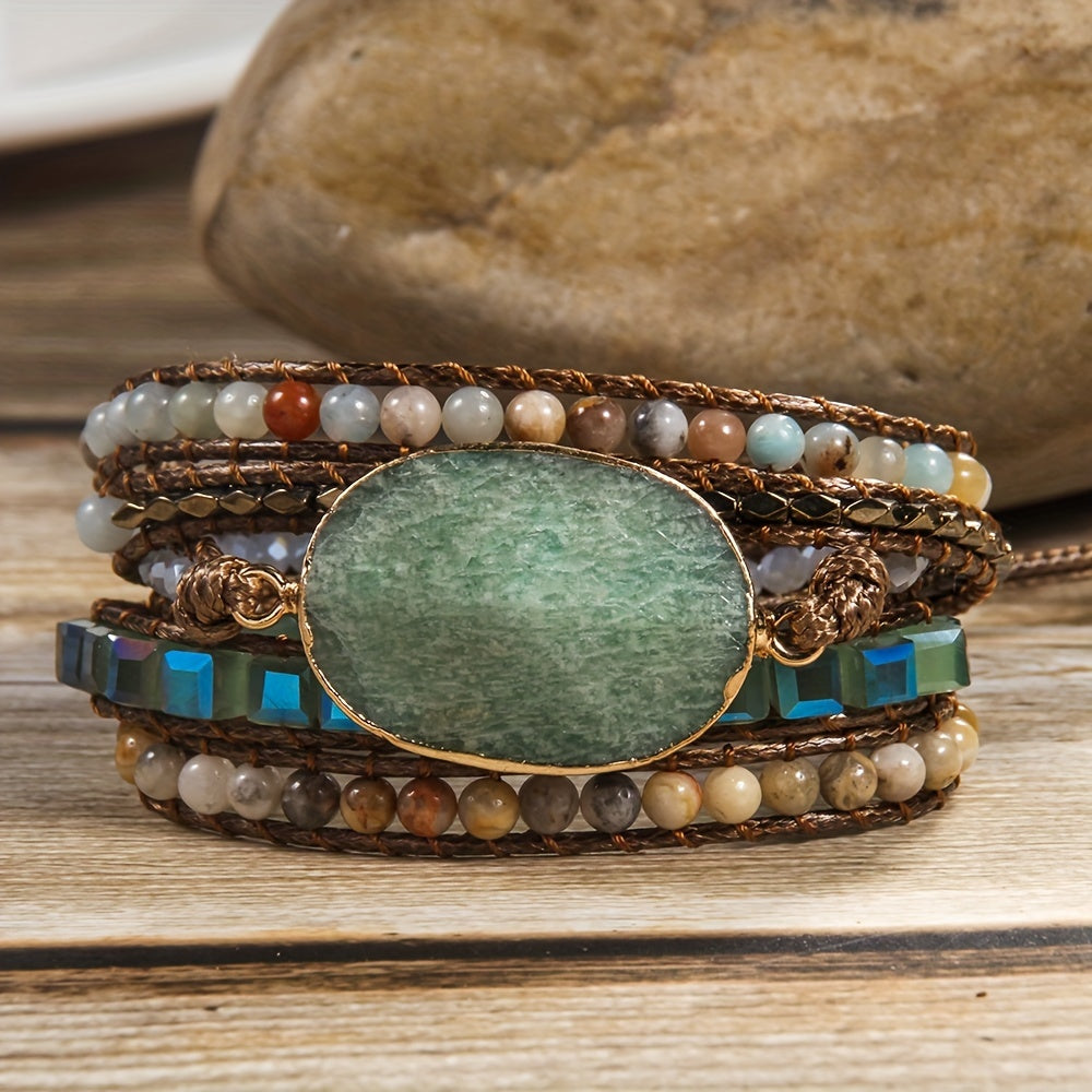 Pulsera ajustable bohemia de vacaciones con cuentas de piedra natural, hematita de vidrio, 5 hilos, corazón naranja, conexión gris