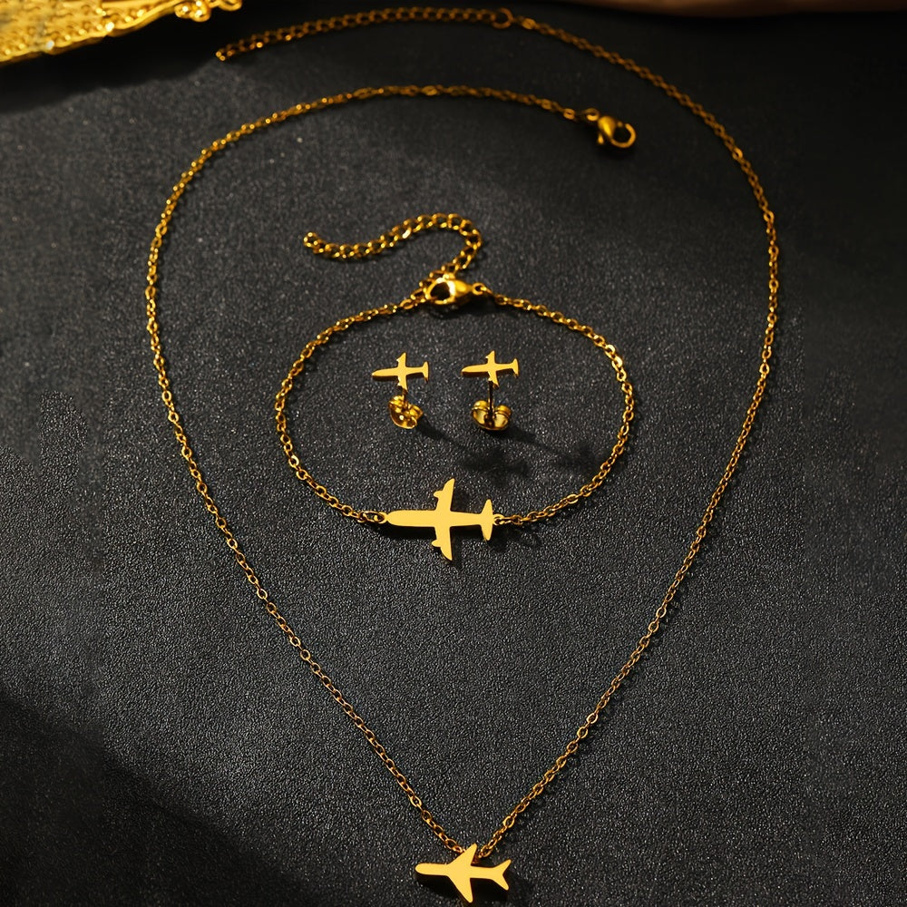 Women’s Jewelry Set Stainless Steel Airplane Pendant Necklace Bracelet Earrings Gift