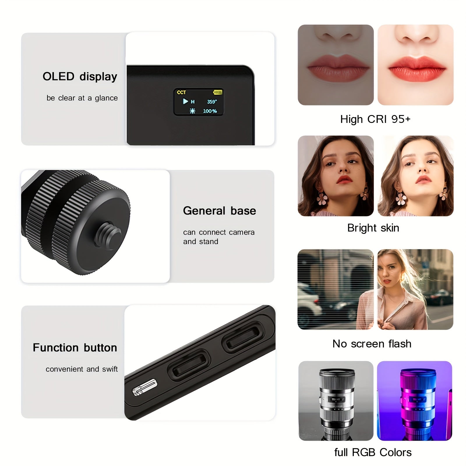Portativ RGB video yoritgichi yuqori CRI (>95), sozlanadigan rang harorati (2500-9000K), ichki zaryadlanadigan batareya, tripod stendi, OLED displey va turli xil uchun sozlanadigan rang/yorqinlik.