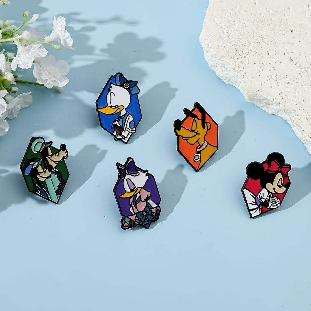 Set of 5 Cartoon Character Enamel Pins Minnie Donald Pluto Alloy Metal Badges