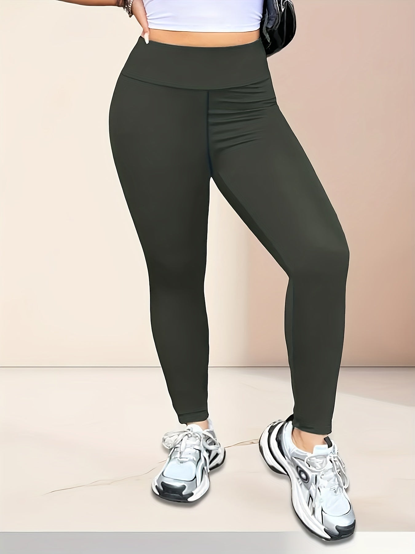 Women's Plus Size Fleece-Lined Skinny Pants Cropped Polyester Knit Winter Black