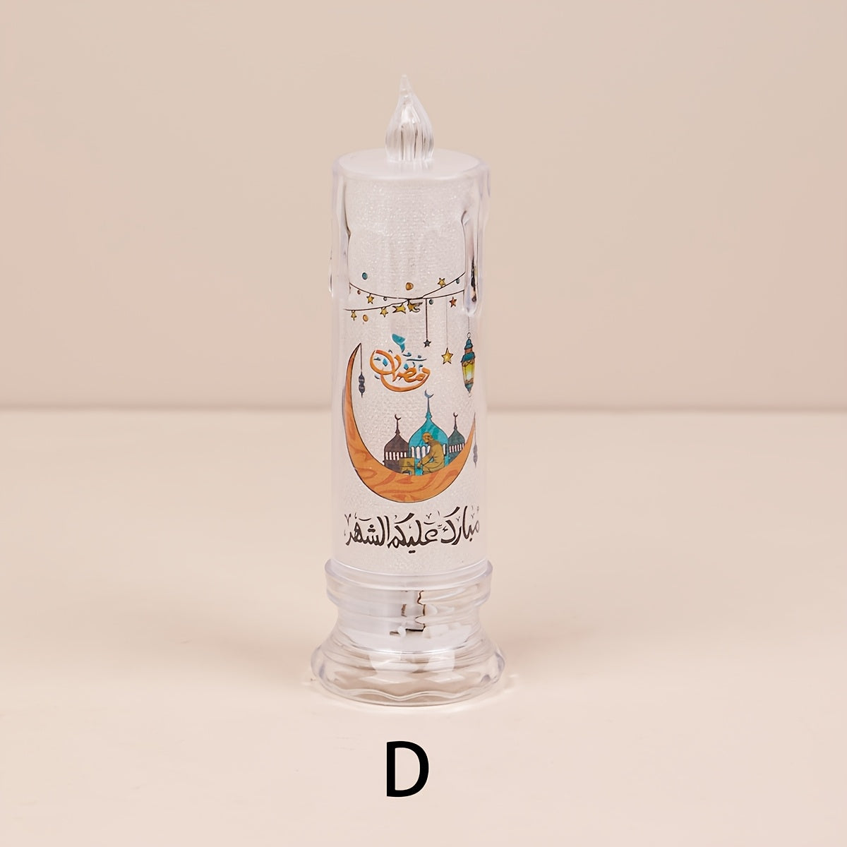 Ramazon bezaklari va bayram muhitini yaratish uchun batareyali LED sham, plastik materialdan tayyorlangan va tugma batareyasi bilan ishlaydi. Ramazon, yotoqxona, sahna rekvizitlari va bayram ta'minoti uchun ideal.