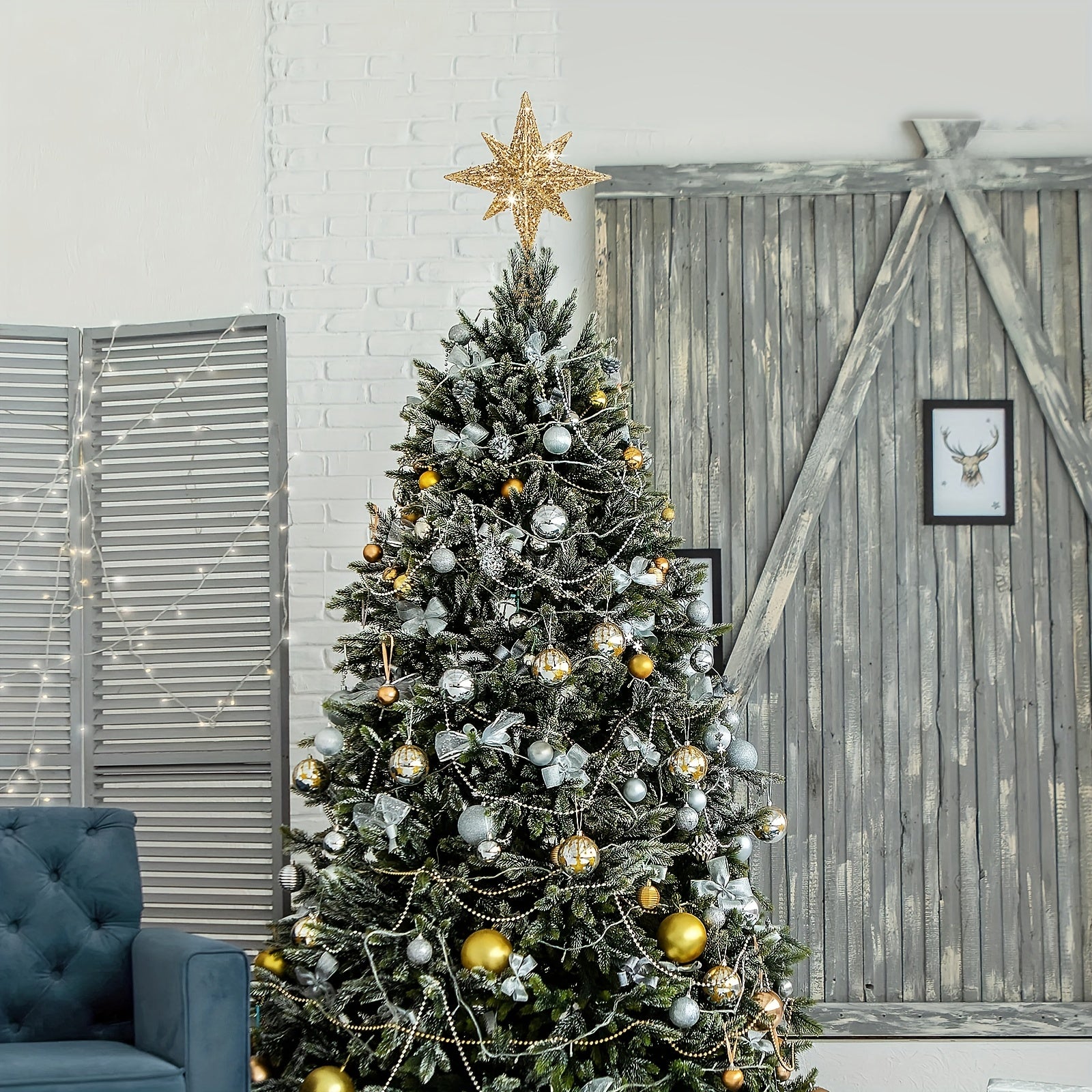 Adorno para árbol de Navidad de 8 pulgadas en oro y plata con purpurina para decoraciones en el hogar