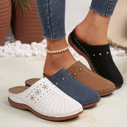Women’s Wedge Heel Round Toe Shoes Synthetic with Studs and Ventilation White/Navy/Brown