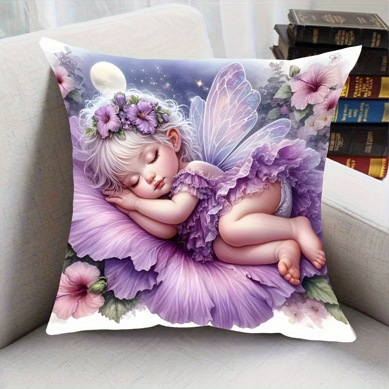 Angel Girl Plush Pillowcase Fairy Tale Design Sleeping Fairy Floral Starry Night Soft Bedroom Decor