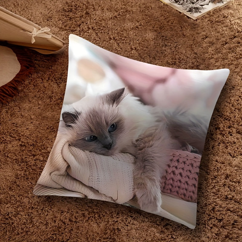 Lazy Cat Pillow Cover Double-Sided Printing 45cm Polyester French Style Zippered Washable