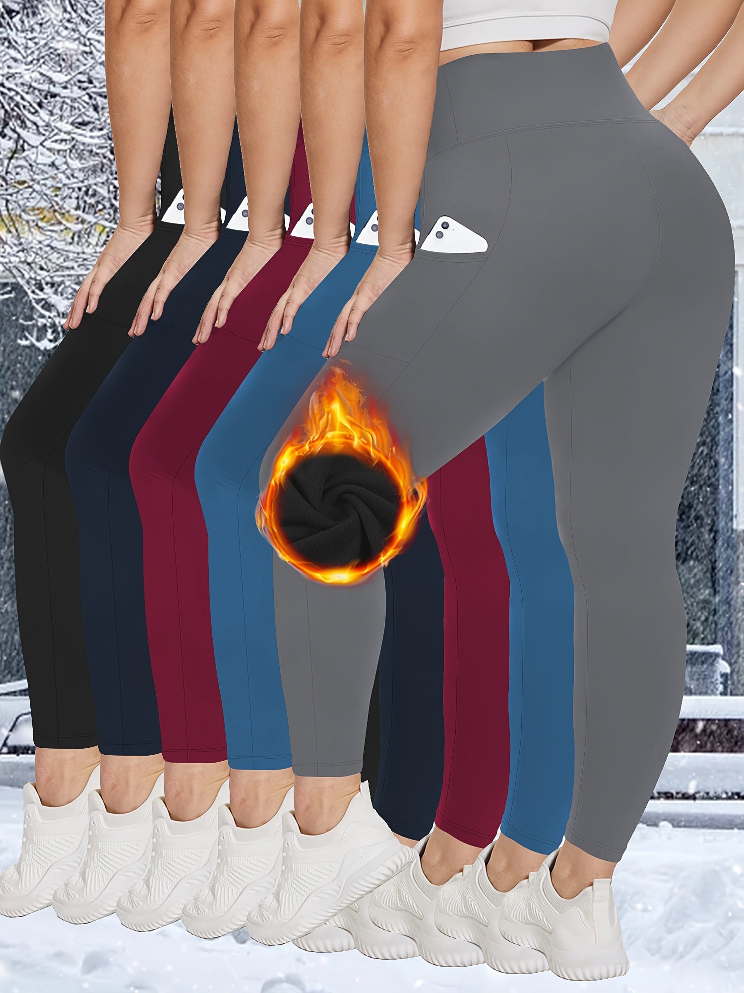 Plus Size Women's Fleece-Lined Leggings with Pockets Thermal Yoga Pants