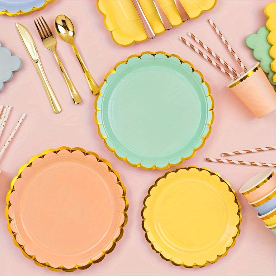 Set of 10 Multi-Colored Gilded Birthday Party Tableware Plates Cups Napkins