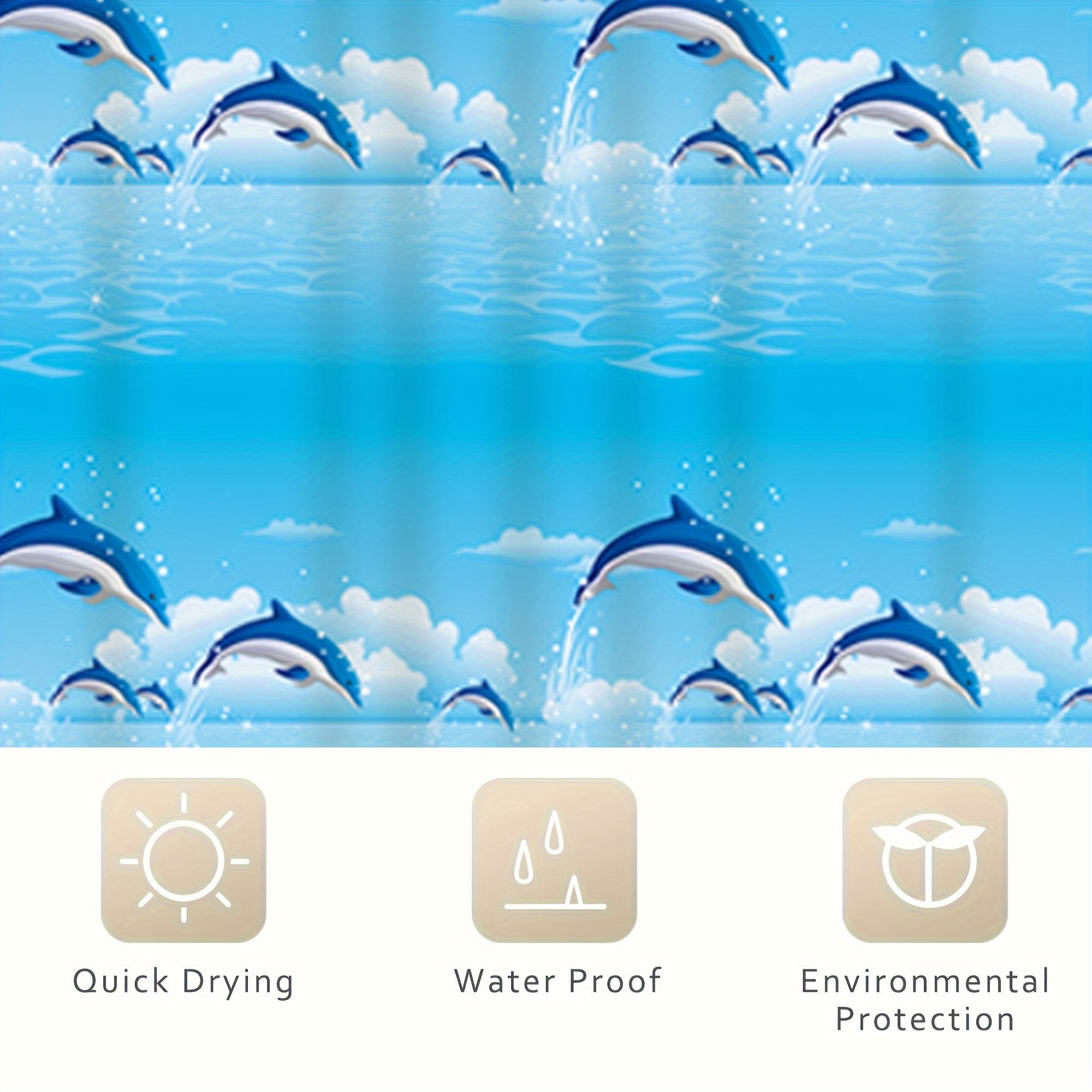 Dolphin Shower Curtain Waterproof PVEA Fabric Blue White Cloud Design 180cm x 180cm