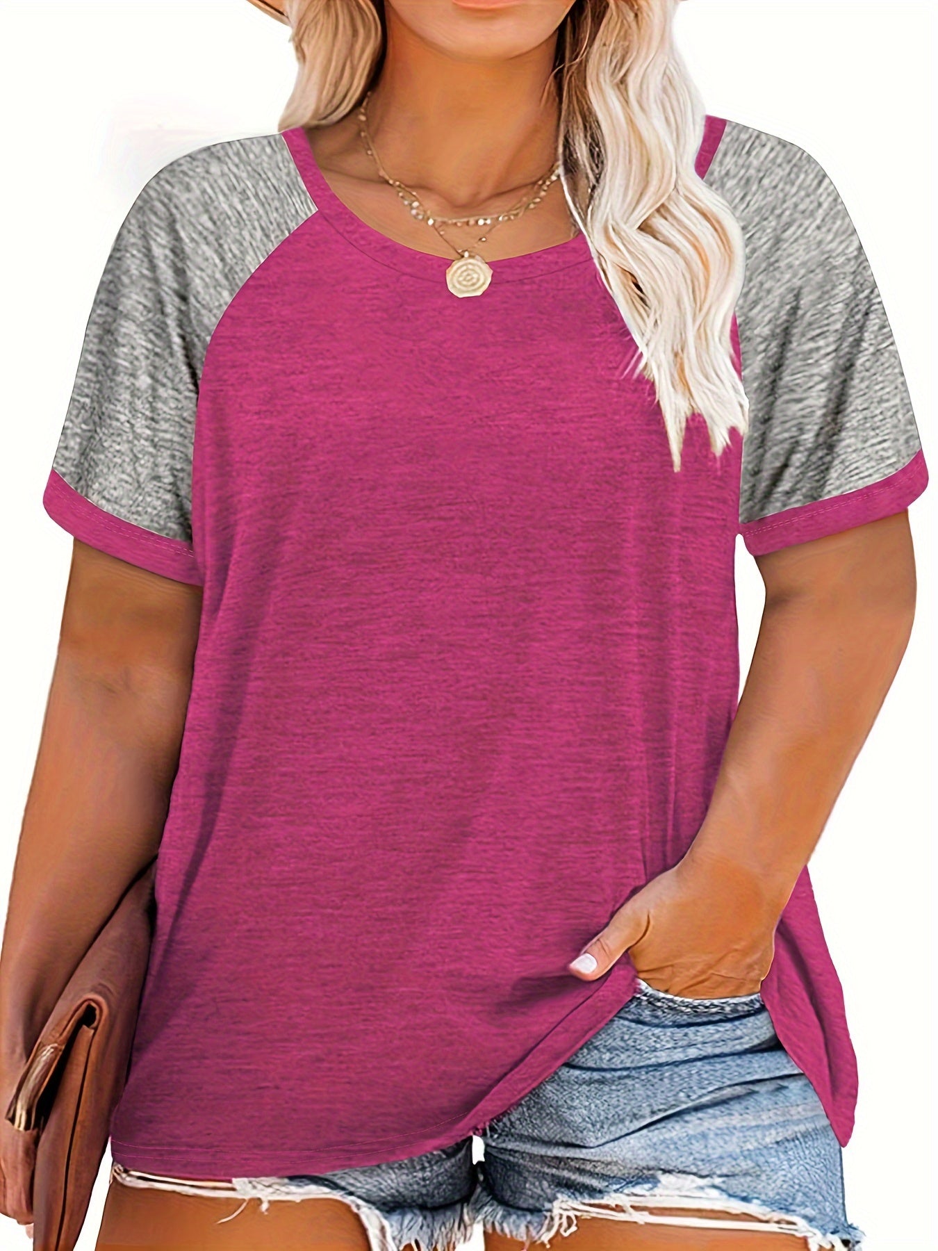 Plus Size Women's Summer Casual Raglan Color Block T-Shirt Soft Breathable Tee