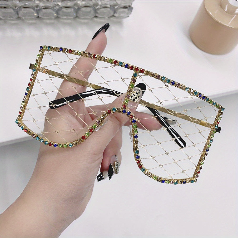 Women's Fashion Shield Glasses with Mesh and Rhinestones for Party and Prom