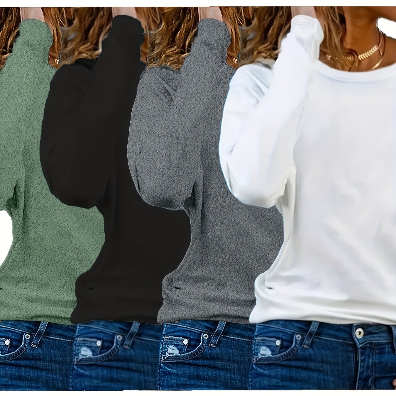 Women's Long Sleeve Cotton Crew Neck Tops - Solid Colors, Loose Fit, Fall Spring Ready
