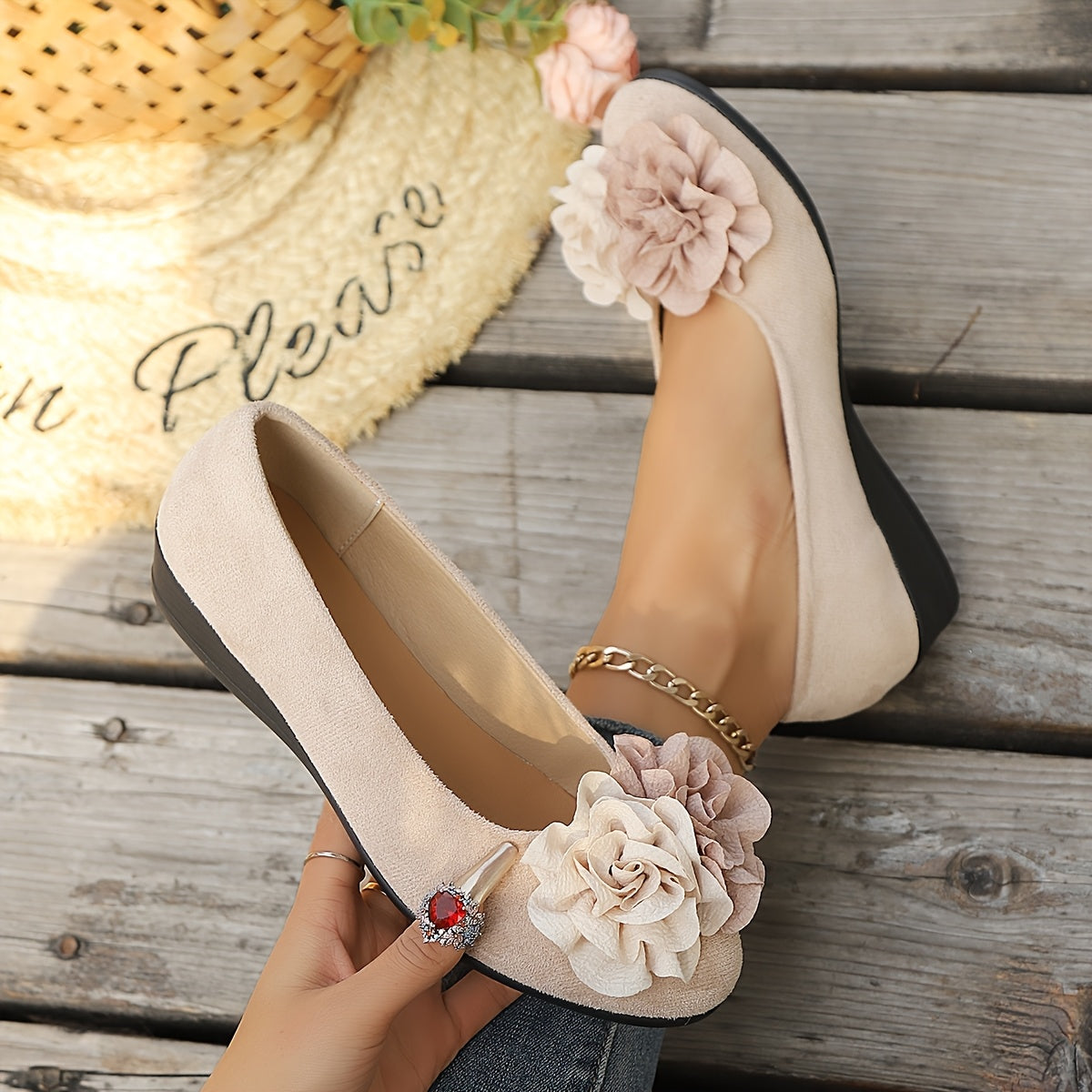 Zapatos planos de ballet con adornos florales de material sintético, zapatos casuales para mujer