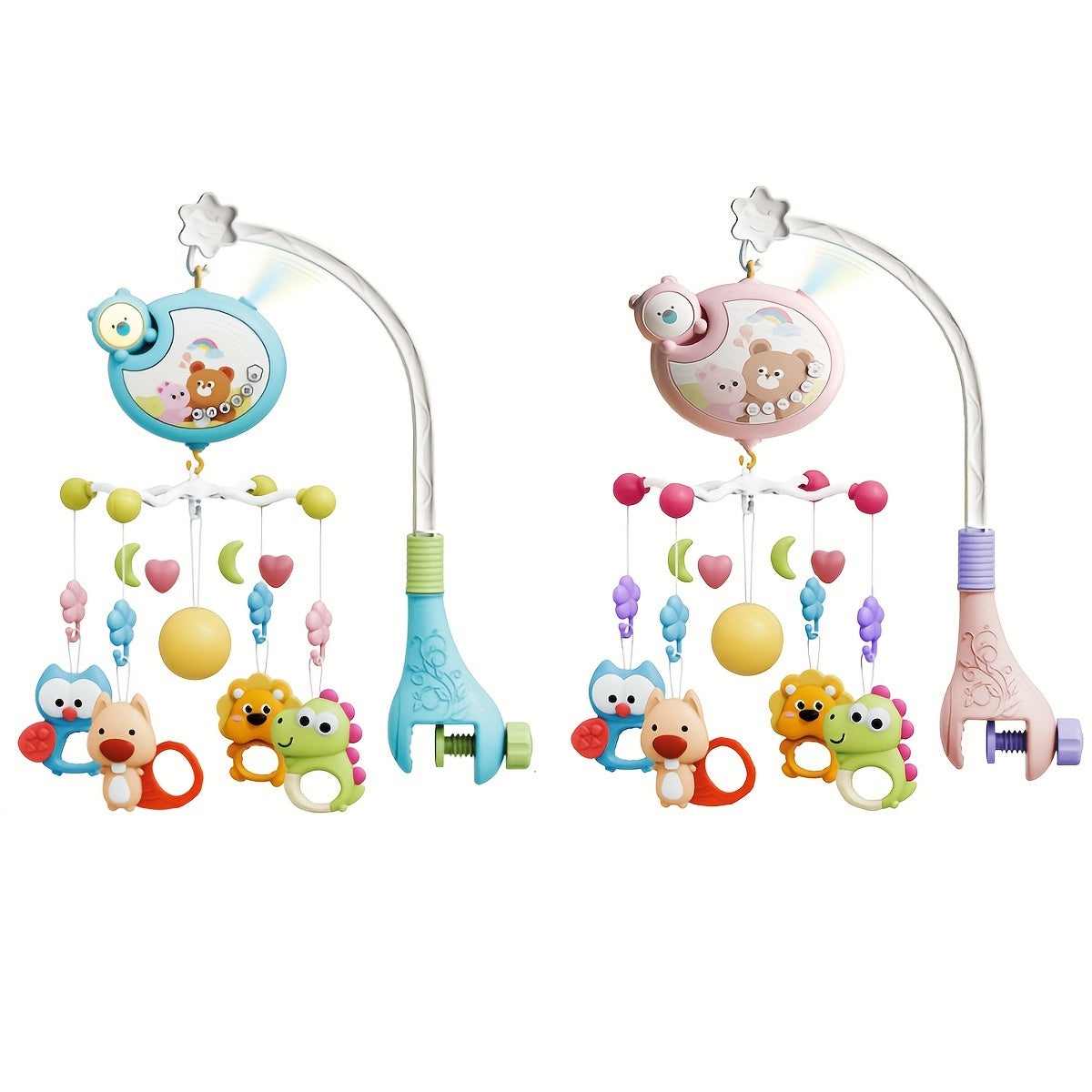 Bolalar uchun yoritgichli mobil, musiqa va aylanuvchi o'yinchoqlar bilan, BPAsiz plastmassa, aralash ranglar