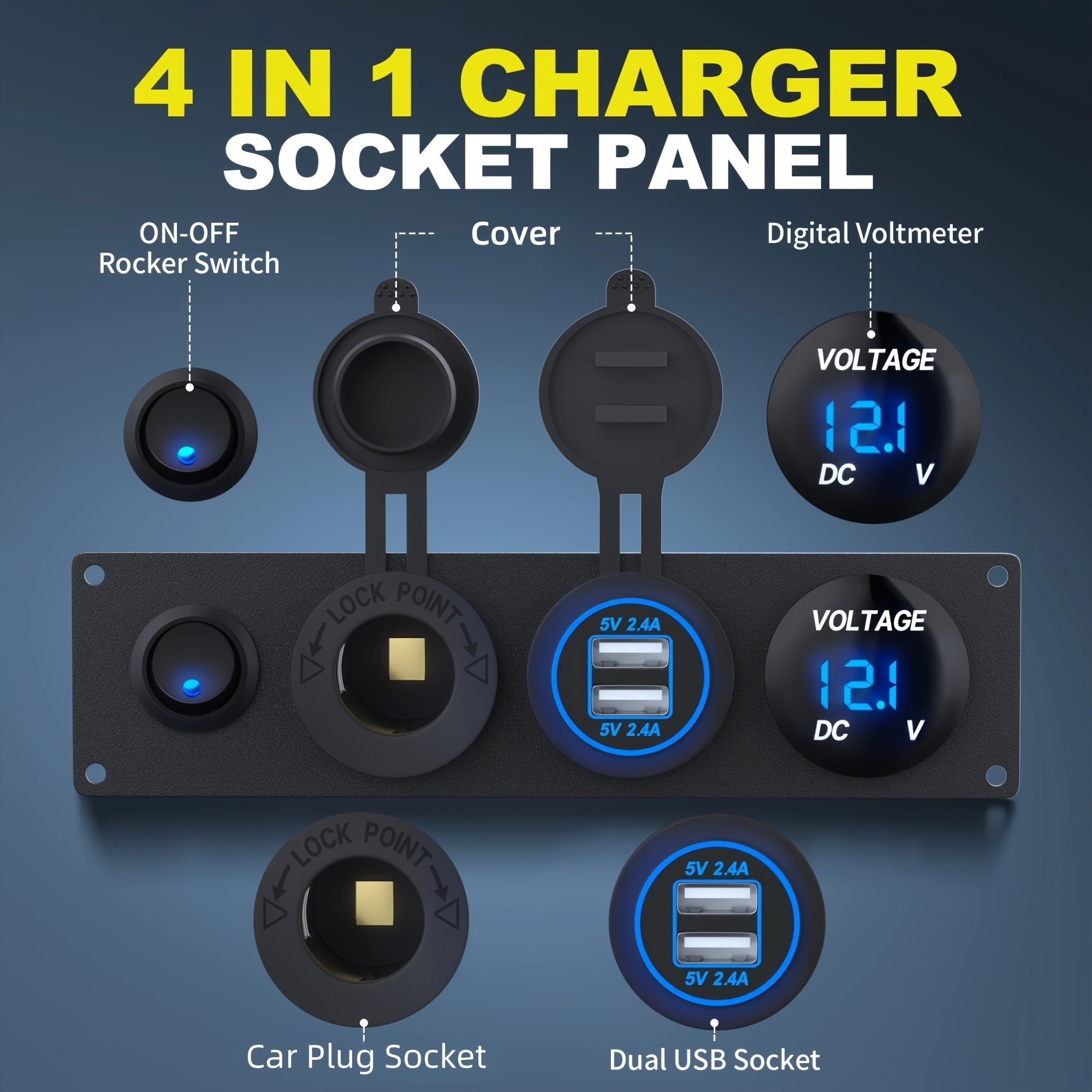 4-In-1 Aluminum Panel for Cars and RVs with Dual USB, LED Voltmeter