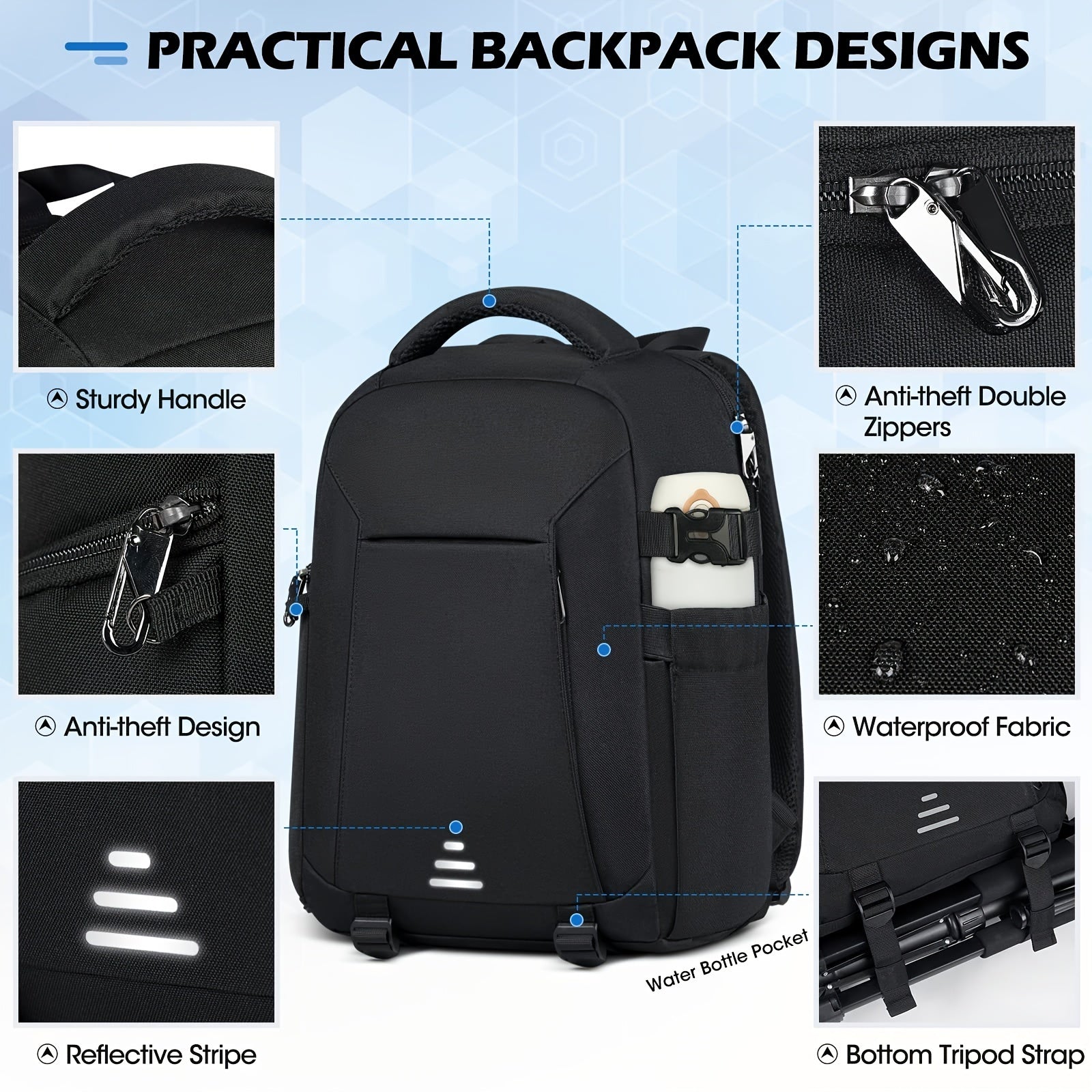 Mochila impermeable para cámaras para hombres y mujeres con compartimento para portátil, cubierta para lluvia, soporte para trípode, anti-robo, gran capacidad, negro