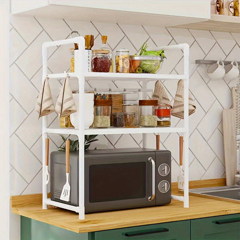 Expandable Double Layer Microwave Rack with Hooks Kitchen Storage Organizer