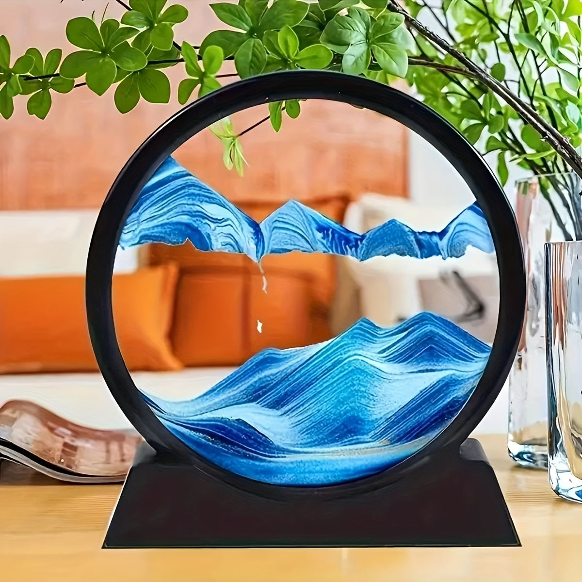 Large Round Glass Frame Sand Art with Flowing Sand Deep Sea Scene for Home Office Decor