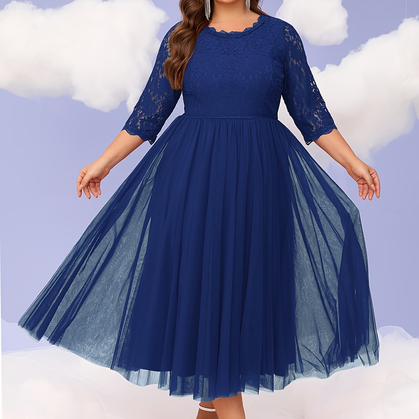 Plus Size Women's Black Lace Evening Gown Formal Party Dress Flared Hem