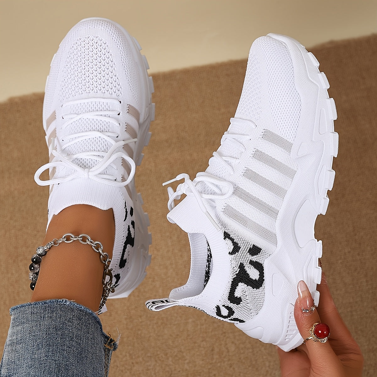Women's Leopard Print Sneakers Breathable Mesh Low-Top Running Shoes