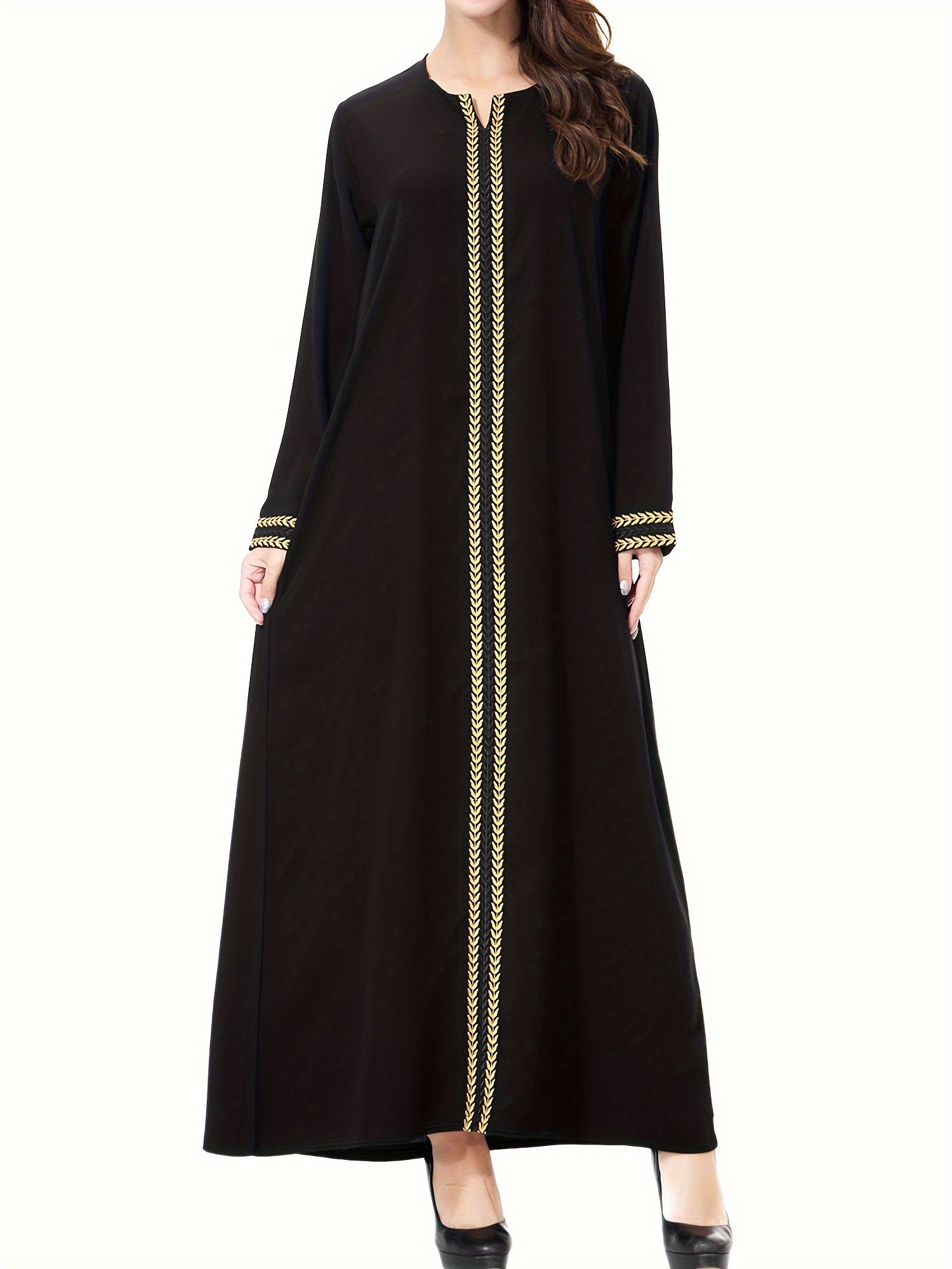 Modest Ramadan Dress with Golden Trim Long Sleeves Woven Polyester