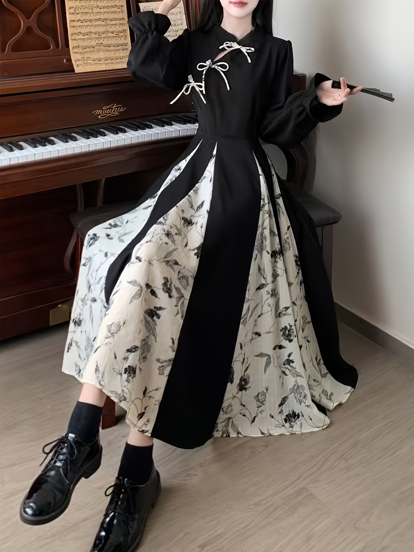 Women's Long Cheongsam Dress Lantern Sleeve Polyester Flared Party Holiday