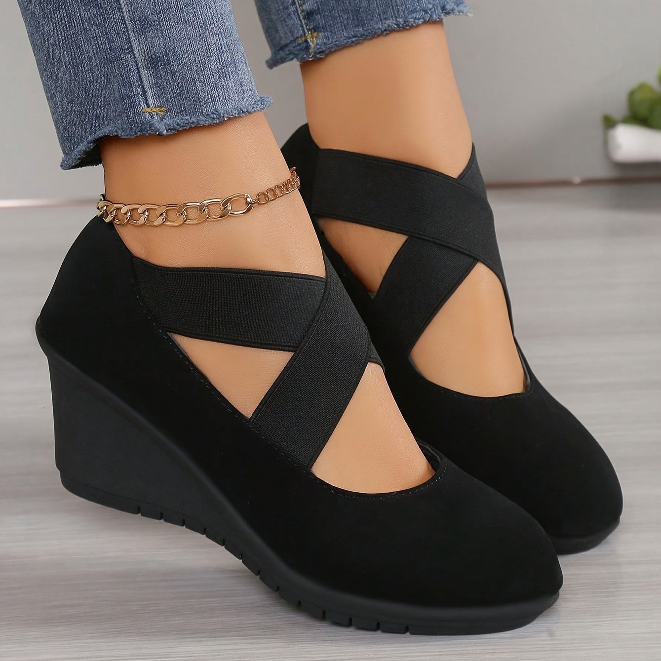 Women's Solid Color Trendy Pumps with Elastic Crisscross Bands and Wedge Sole