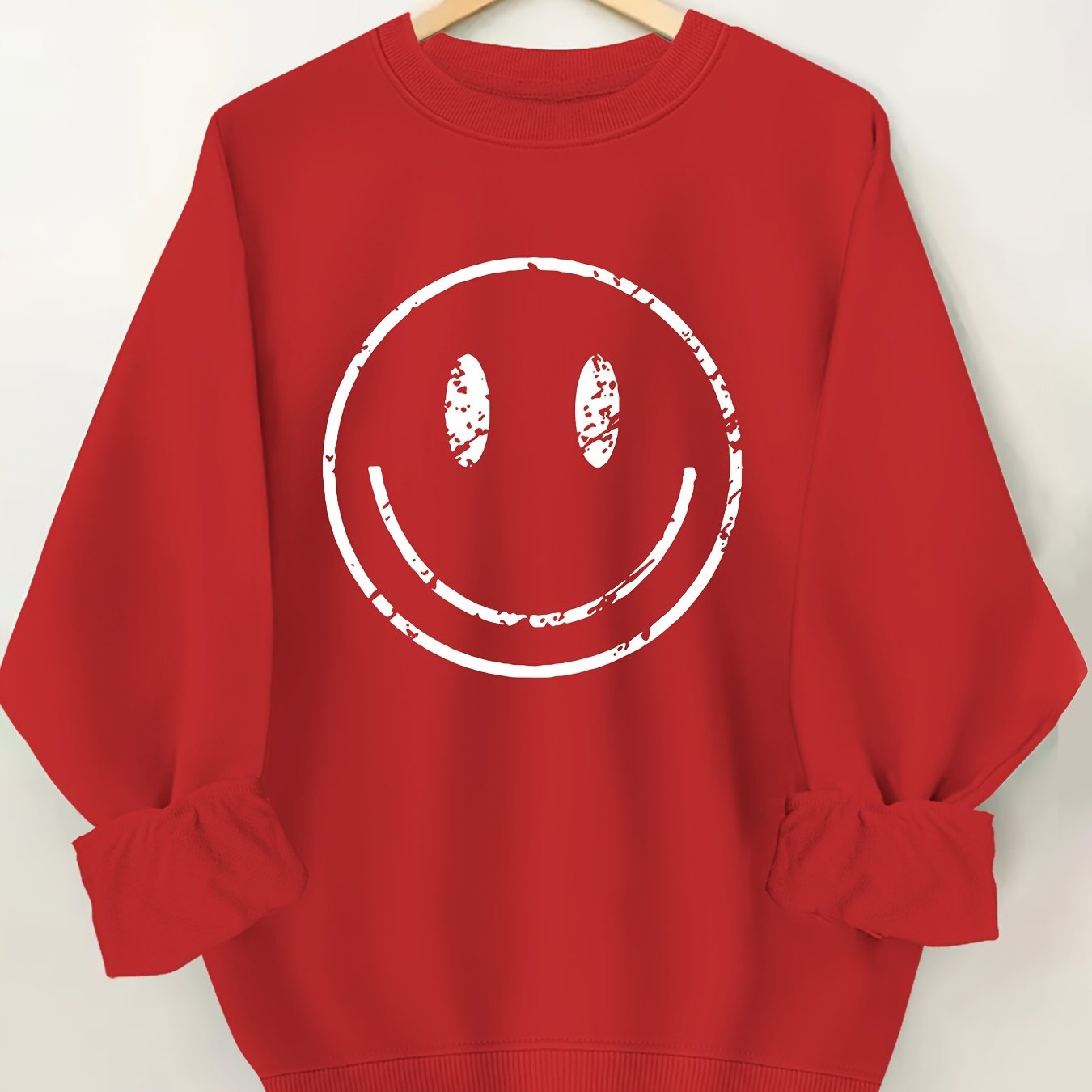 Plus Size Women's Cotton Smile Face Print Sweatshirt Long Sleeve Crew Neck