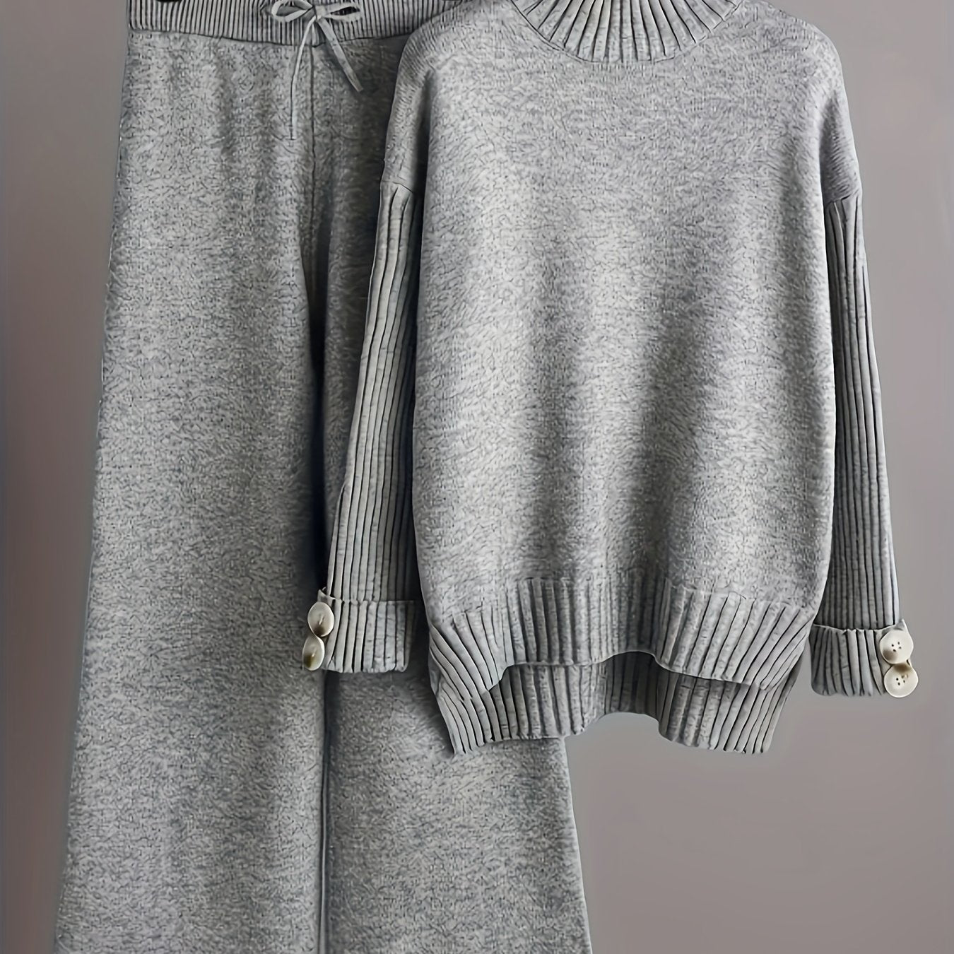 Solid Color Knitted Pantsuit for Women Long Sleeve Turtleneck Sweater Wide Leg Pants