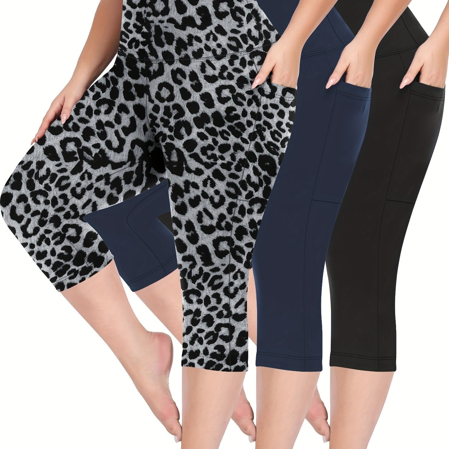 Plus Size High-Waisted Shorts Set With Pockets Stretch Fabric Summer Leopard