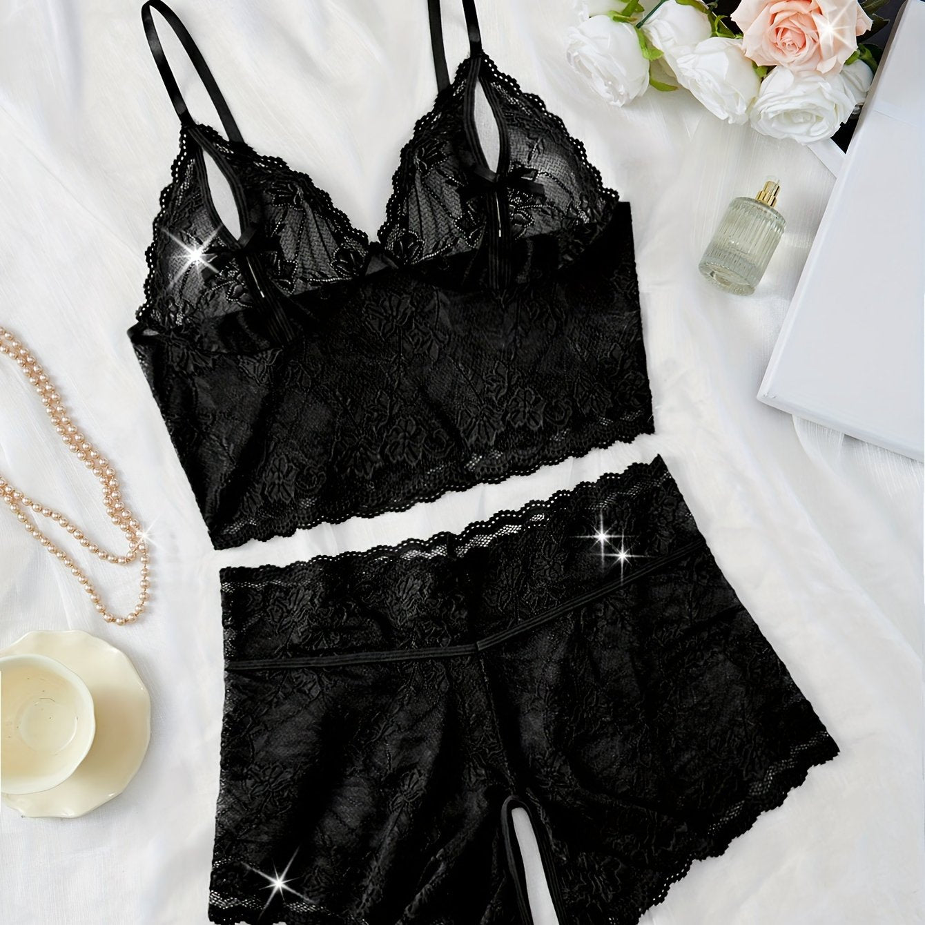 Conjunto de lencería sexy de gran tamaño con adorno de encaje de flores en forma de abanico, lazo frontal, sujetador y braga con abertura