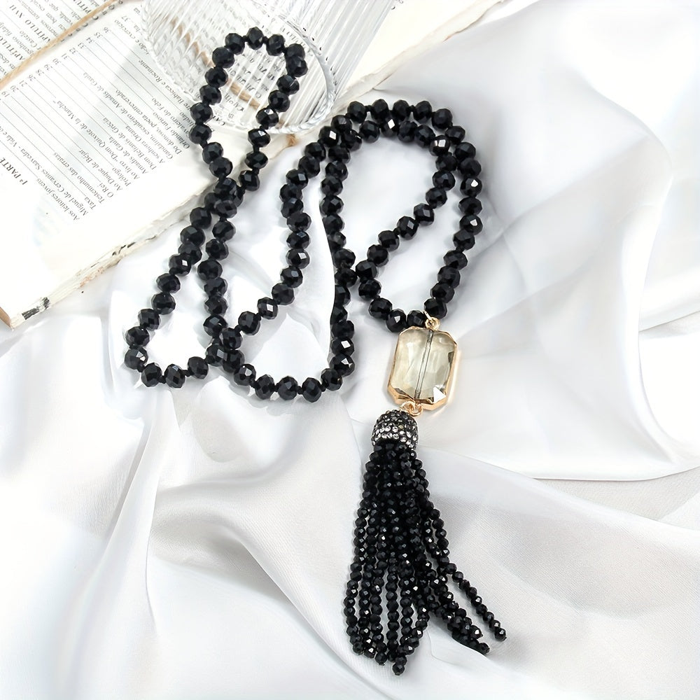 Boho Chic Glass Bead Necklace with Tassel for Women Spring Knotted Design