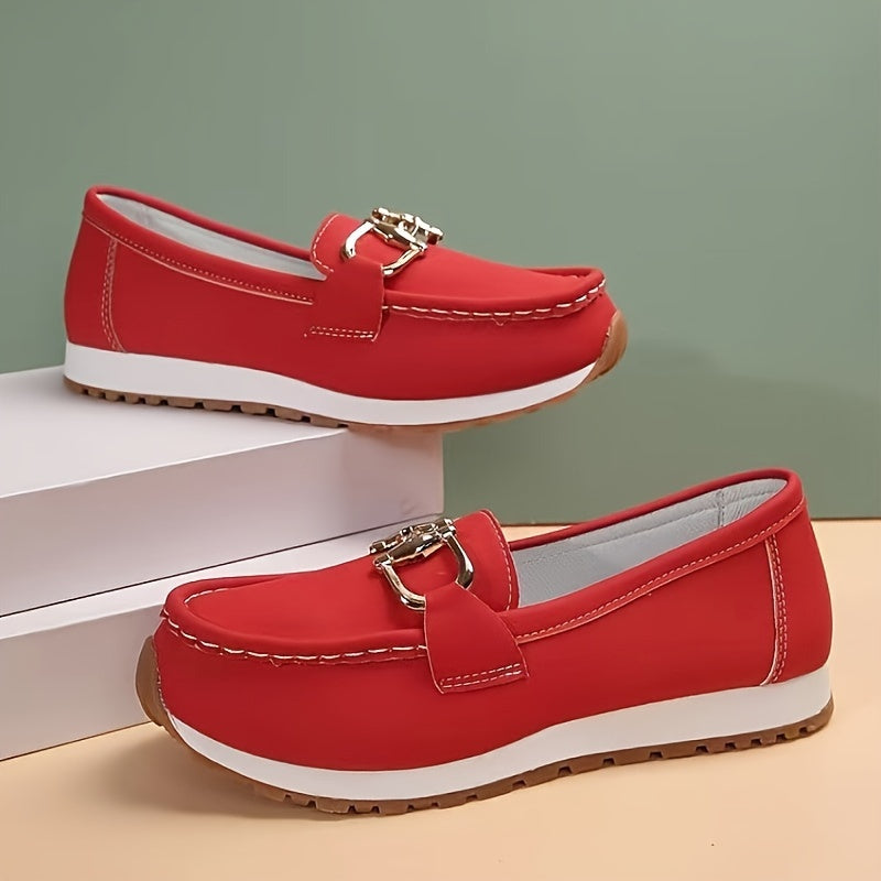 Women's Solid Color Loafers with Metallic Buckle and Soft Sole