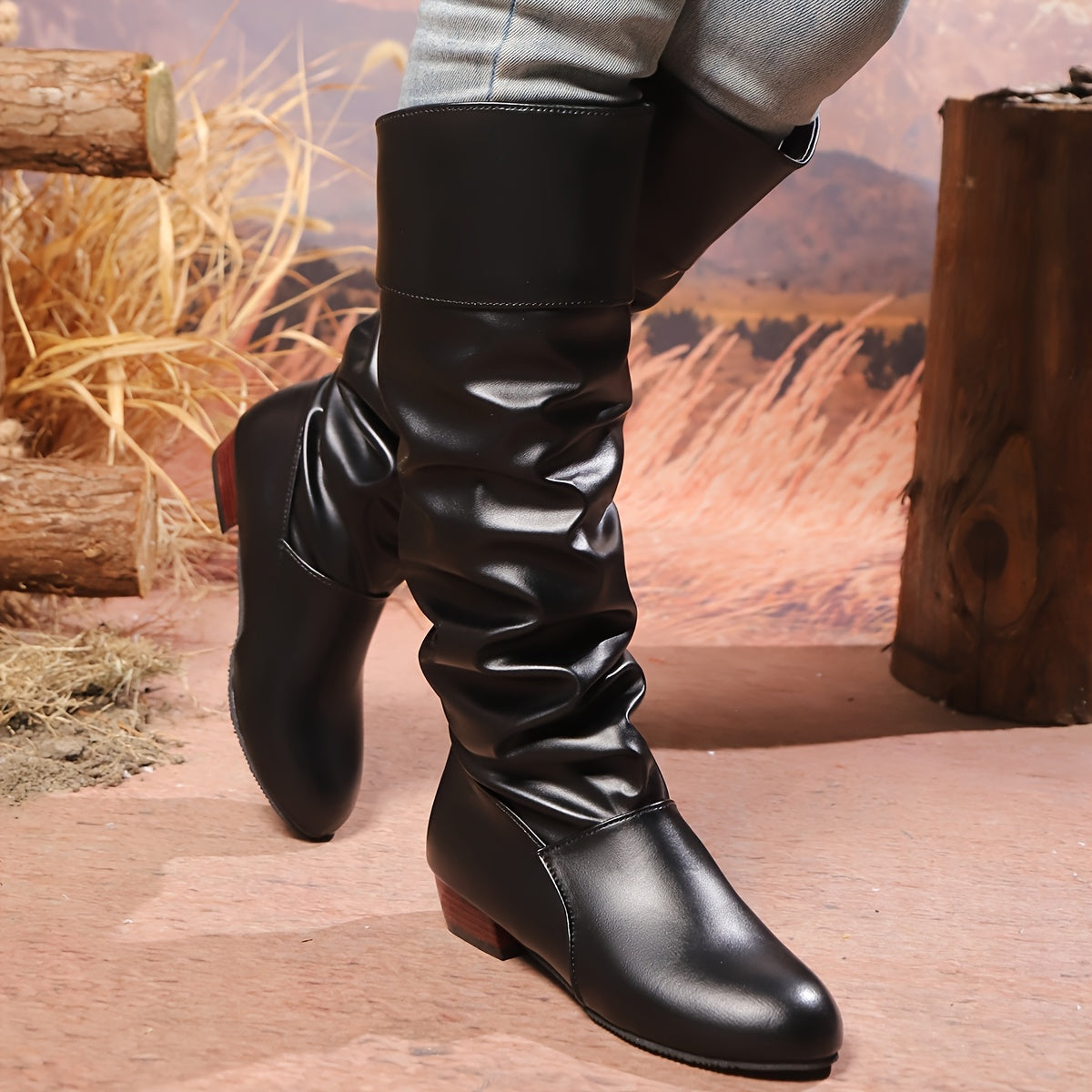 Women's Solid Color Chunky Heel Knee High Boots Slip-On Dress Shoes