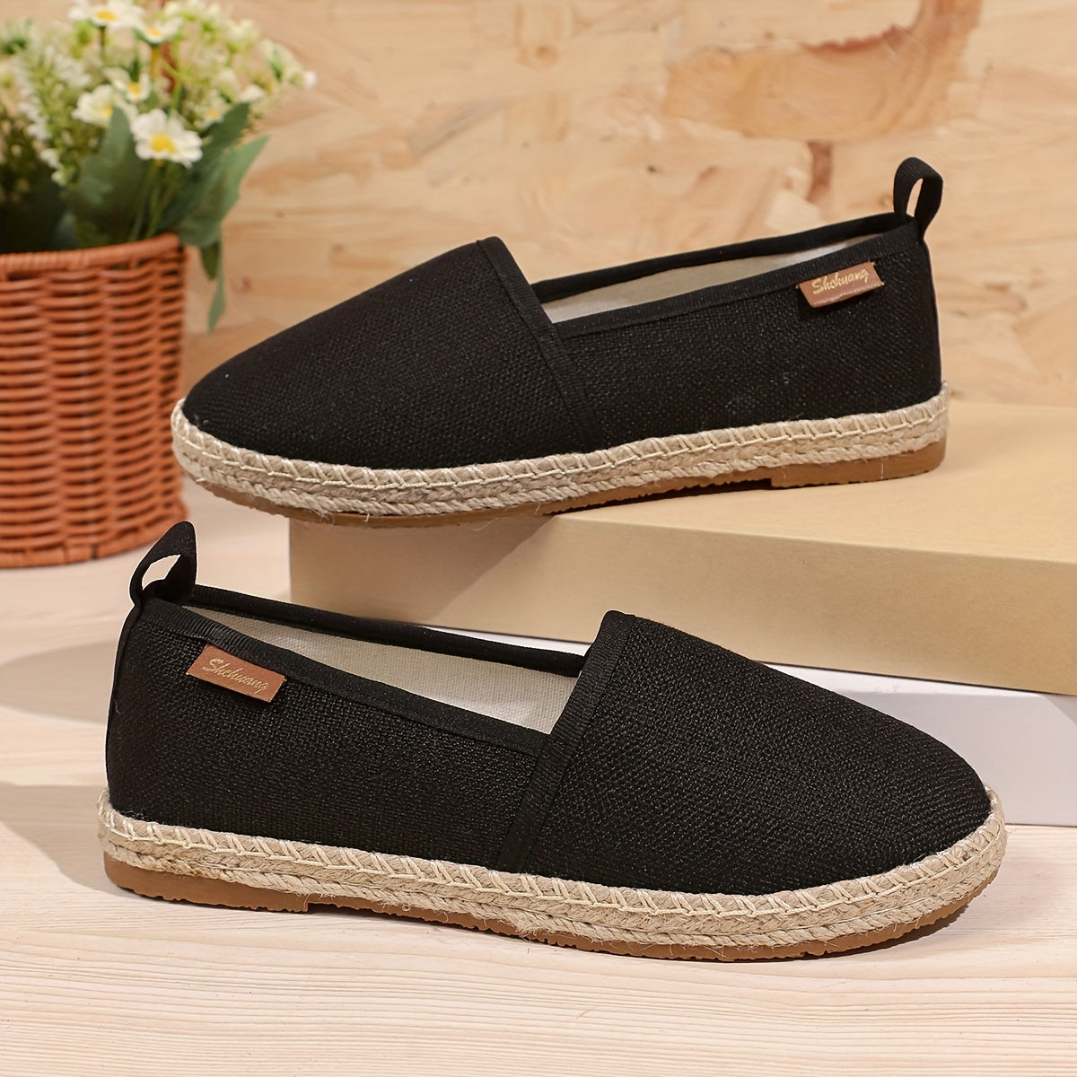 Женские туфли-слипоны на верёвочной подошве черный текстиль удобные легкие обувь