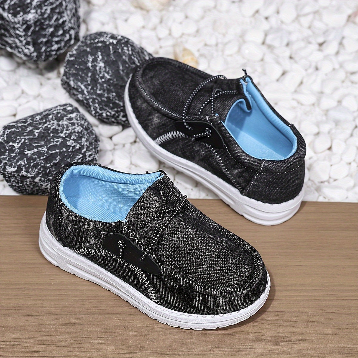 Boys Casual Sneakers with Elastic Laces Denim-Textured Canvas and EVA Sole for Spring and Fall