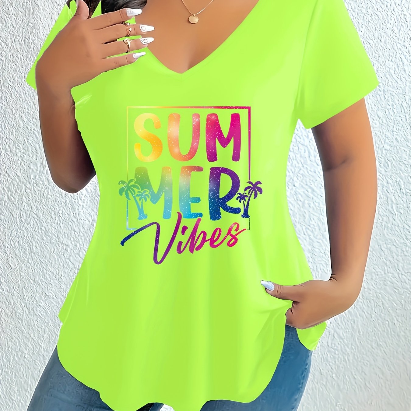Women's Plus Size V-Neck T-Shirt Summer Graphic Short Sleeve Loose Fit