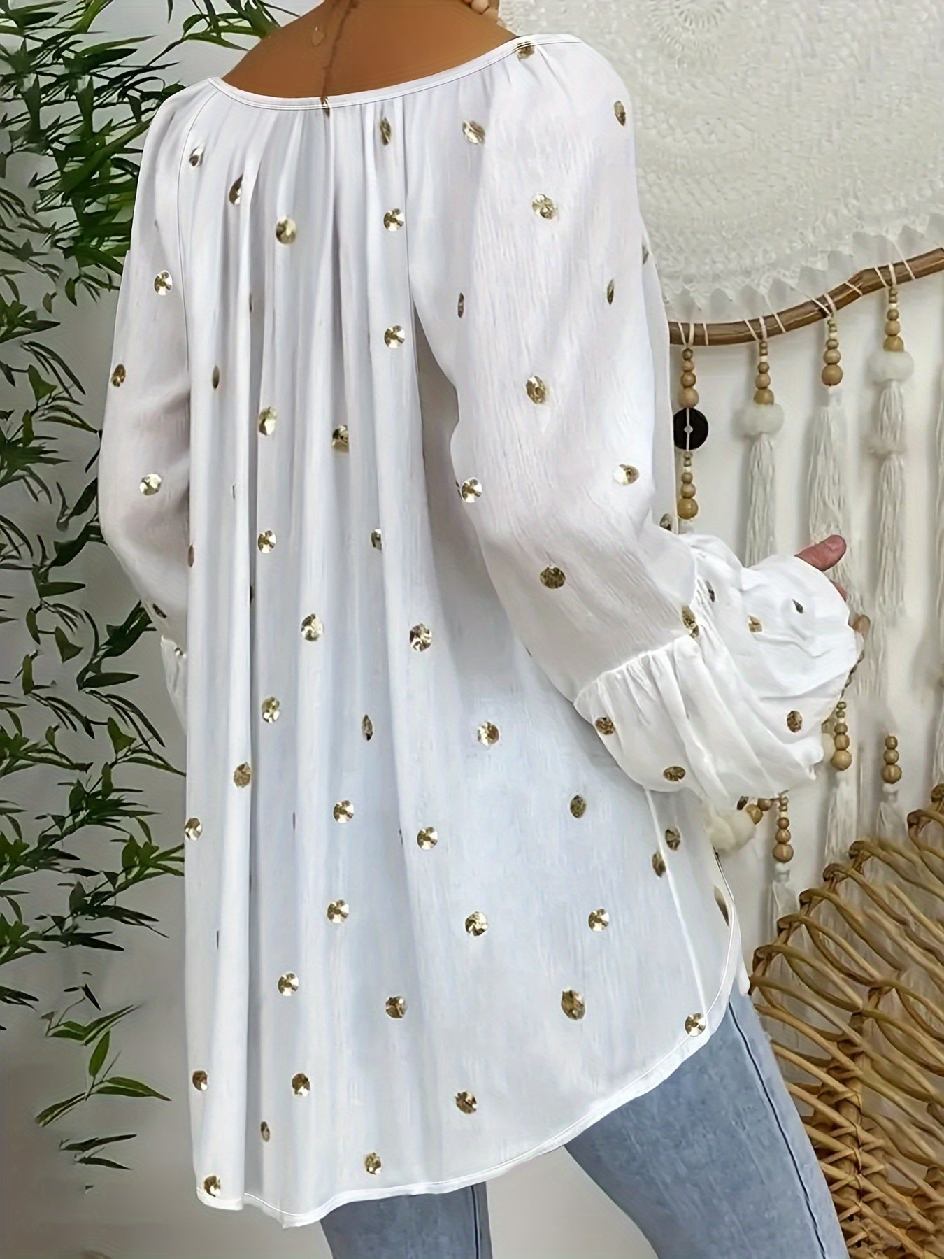 Polka Dot Tie Neck Blouse for Plus Size Women Long Sleeve Woven Polyester Spring Fall