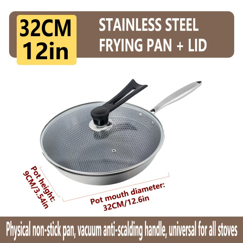 Sartén wok de acero inoxidable con tapa de vidrio, antiadherente, apta para inducción, gas, adecuada para huevos de pescado, filetes