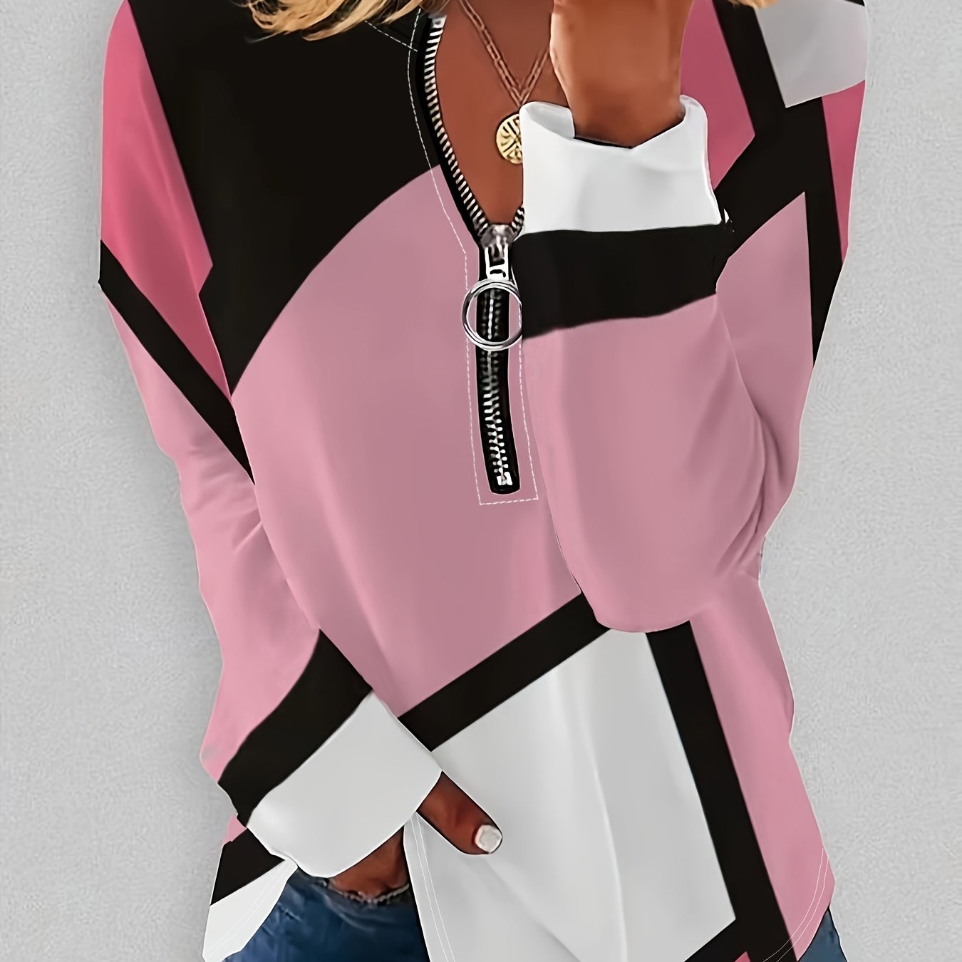 Plus Size Women's Colorblock Geometric Print Zipper Sweatshirt