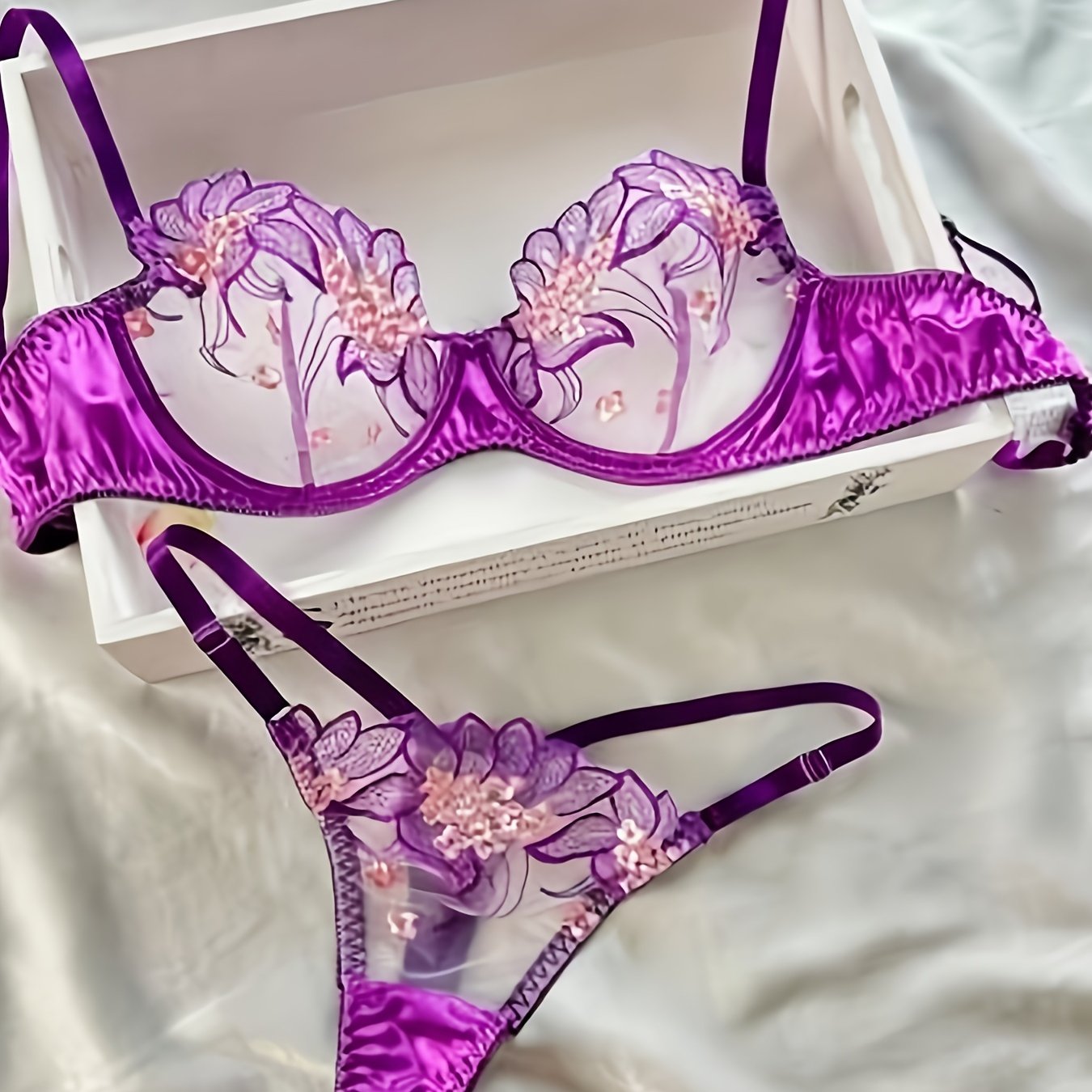 Women's Floral Embroidered Sheer Lingerie Set with Low Cup Non-Padded Bra and G-Strings