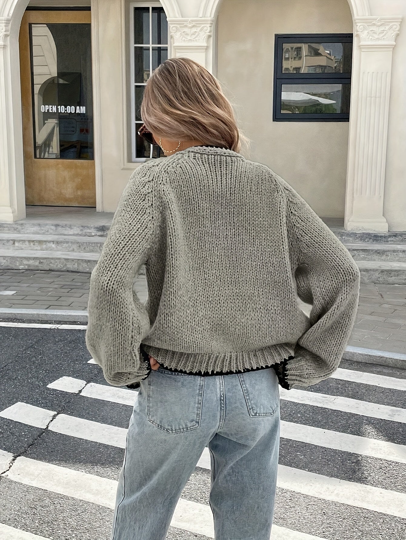 Women's Plus Size Two-Tone Long Sleeve V-Neck Cardigan with Ribbon Tie