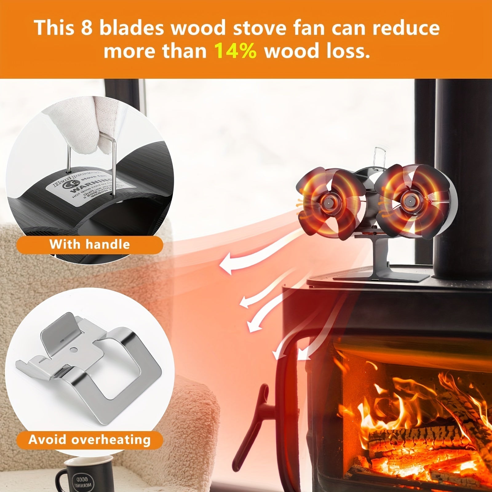 Wood Stove Fan Dual Motor 8 Blade Magnetic Thermometer Eco-Friendly Heating