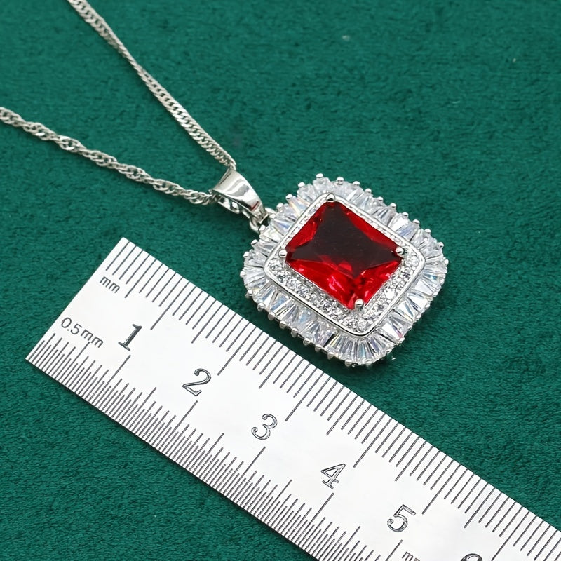 5-dona ayollar uchun zargarlik to'plami: to'y quloq uzuklari, marjon, bilaguzuk va uzuk, qizil garnet va oq oltin qoplamasi bilan, hashamatli ko'rinish uchun mo'ljallangan.